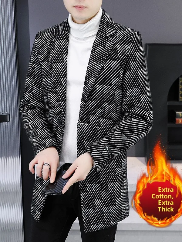 

Мужское шерстяное пальто средней длины, золотое норковое бархатное хлопковое клетчатое пальто в Корейском стиле, длинное свековое уличное пальто на осень-зиму