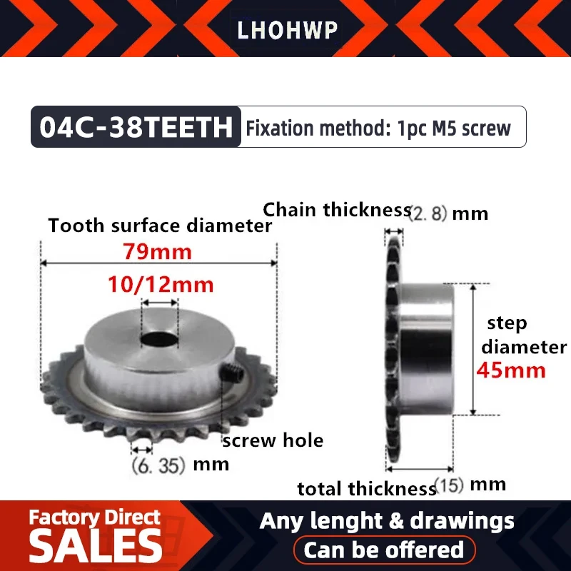 2pc  04c Sprocket 38Teeth Hole 8/10/12mm 25H 45# Steel Sprocket 04c Table Wheel Finished Hole Sprocket Screw Hole M5