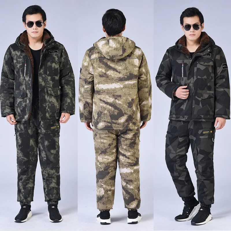 

Thiened Camouflage Men's Cotton Jaet And Pants Winter Workwear in Cold Storage Anti-Cold Set Fce Lined Heavy Du Wint...