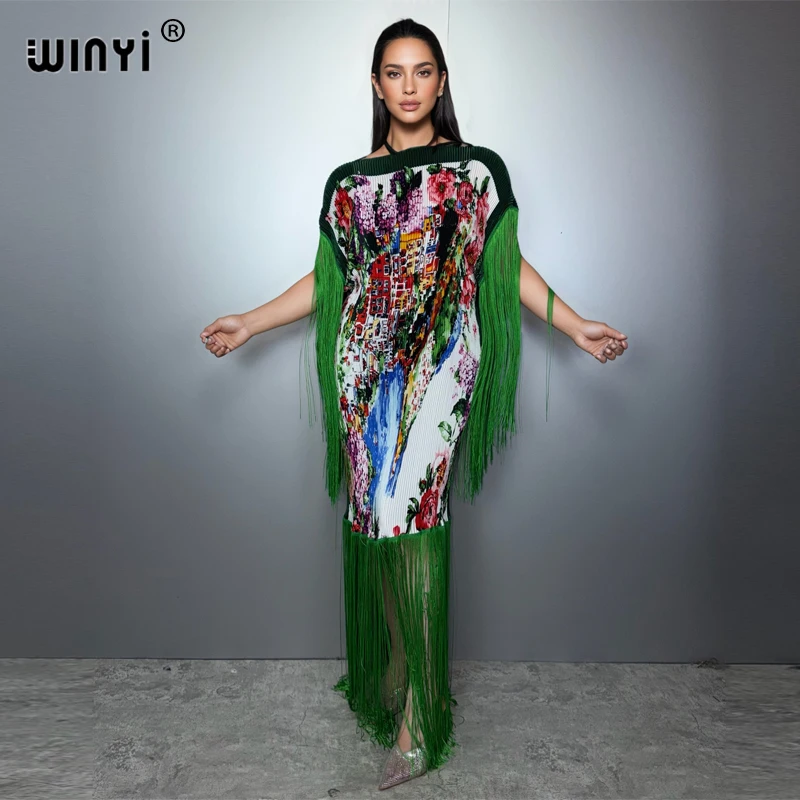WINYI サマー プリーツ フリンジ マキシドレス レディース クランプルデザイン ルーズ ボヘミアン ローブ ホリデーファッション イブニングドレス アバヤ ドバイ ラグジュアリー