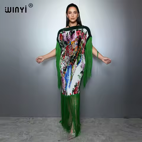 WINYI Summer Pleated Fringed maxi dress Women crumple Design Loose boho robe holiday fashion evening dress abaya dubai luxury