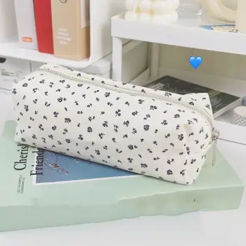 Grande capacidade Floral Print Pen Bag, Estojo de lápis simples, Multifuncional Canvas Box, Organizador de papelaria, Bonito Ins