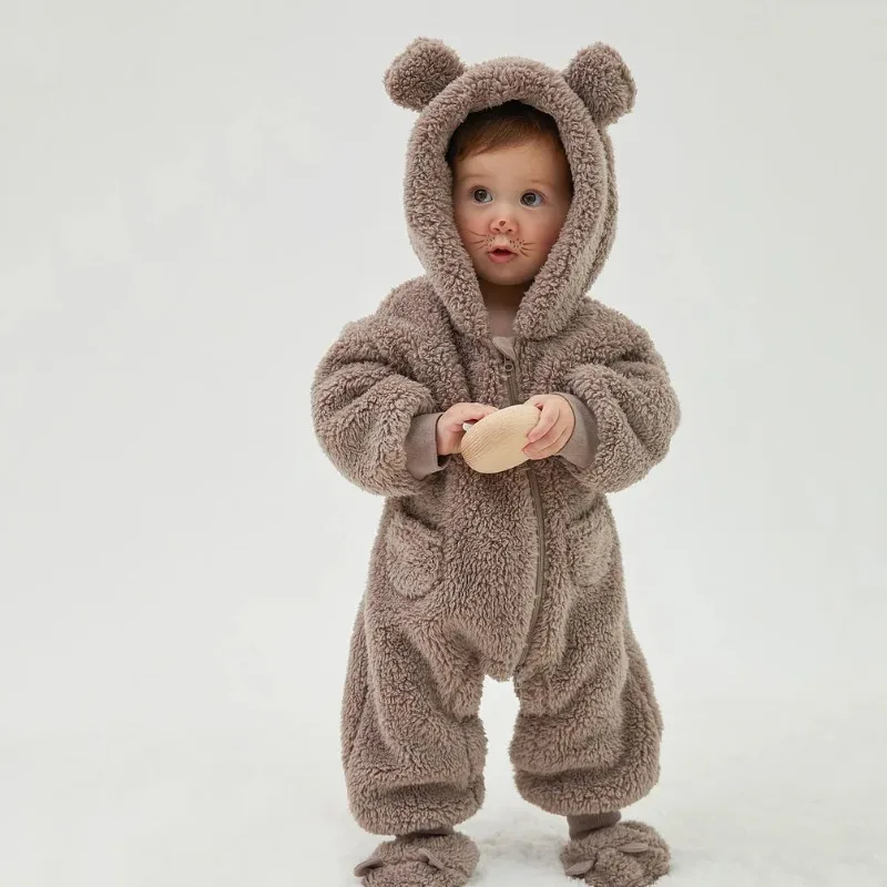 Warm Newborn Boys Girls Animal Rompers Cute Fleece Toddler Hooded Onepiece Clothes Baby Jumpsuits for Autumn Winter