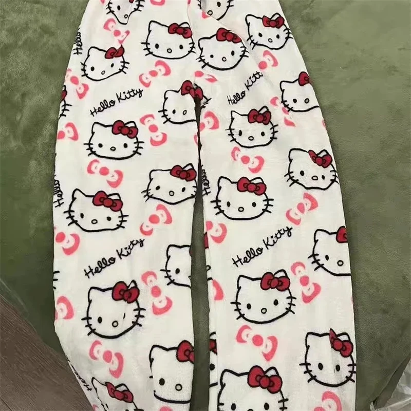 Women's Hello Kitty Pajama Pants Cartoon Lounge Pants Flannel Thickened Loose Warmth Comfortable Pajama Pants New Winter 2024