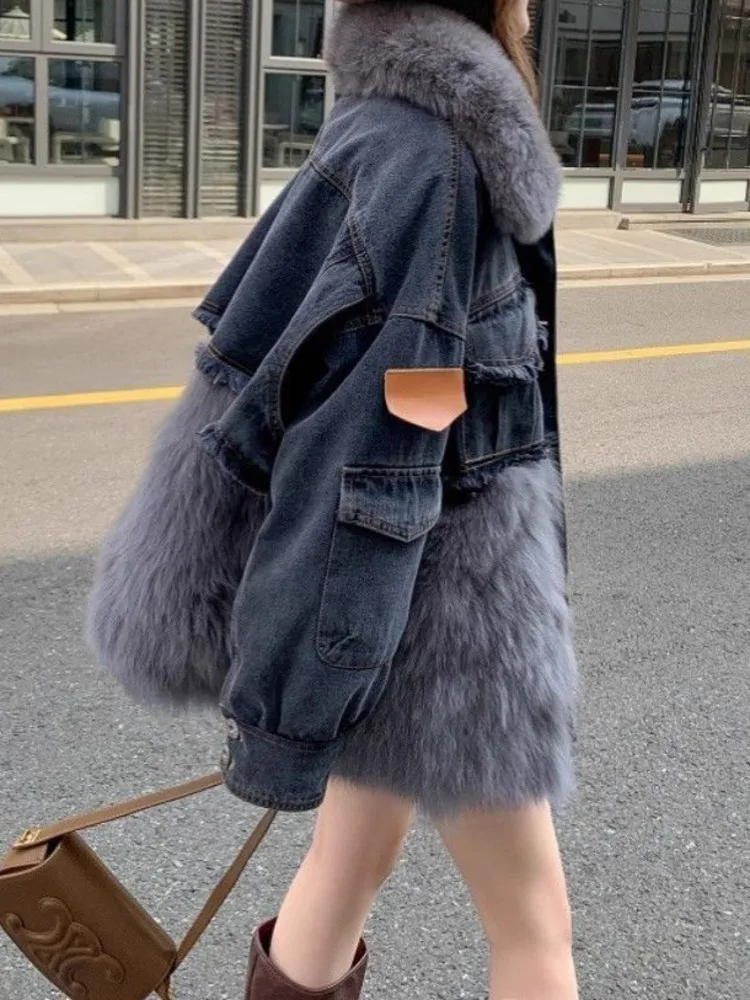 UCXQ Fashion Street Coat Korean Style Loose All Match Thickening Warm Faux Fur Splicing Denim Jacket Women 2024 Autumn Winter 16