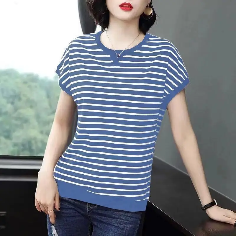 Vintage Plus Size Striped Tops Tees Summer New Short Sleeve O-Neck Loose All-match Casual T Shirts Fashion Office Women Clothing