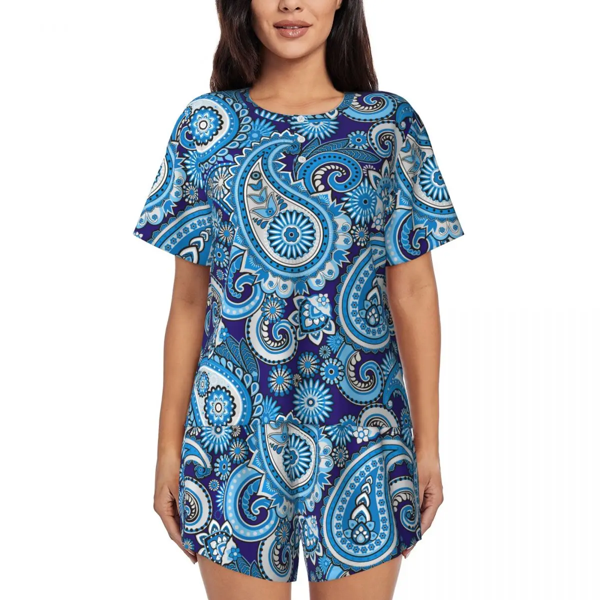 

Женский пижамный комплект-бандана в этническом богемном стиле с узором пейсли, одежда для сна с короткими рукавами и принтом на заказ, домашняя одежда, пижамы, комплекты из 2 предметов