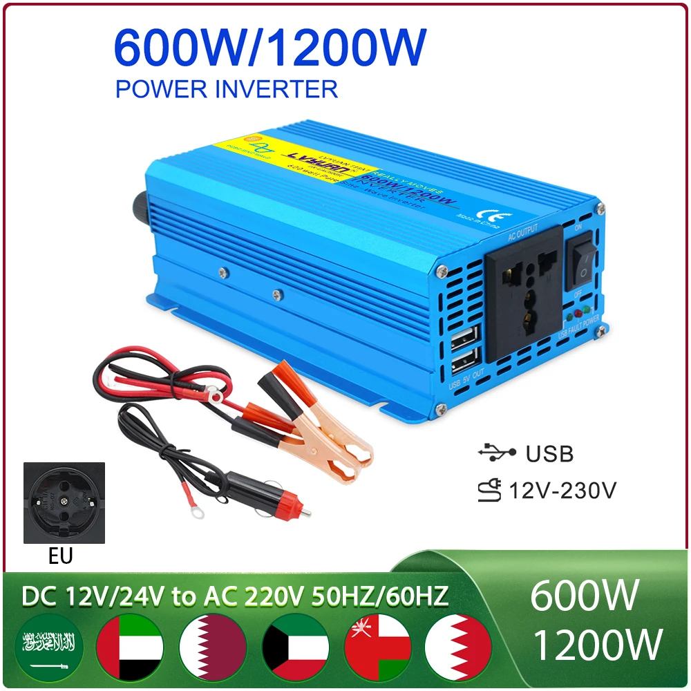 

Pure Sine Wave Inverter 600W/1200W DC 12V/24V to AC 220V 50hz 60hz Power Inverter Charger Converter Adapter EU UN Socket