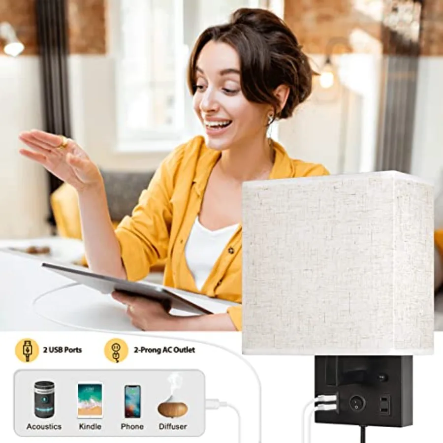 Bedside Wall Lamp Set of 2 Plug in Wall Sconce with USB Charging Port and AC Outlet Modern Black Brushed Nickel Wall Light with
