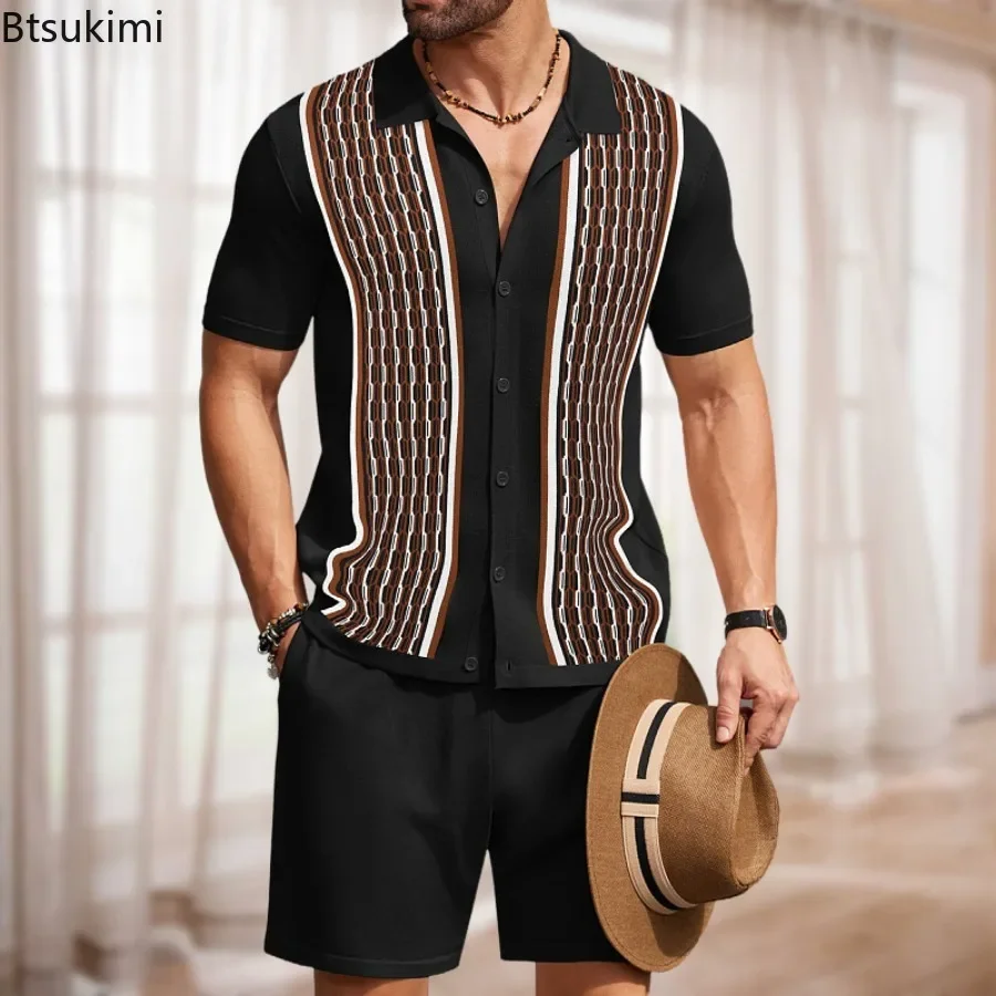 Sommer neue Eis Seide gestrickt Sets Herren lässig Jacquard kurz ärmel ige Polos hirt und Shorts zweiteilige Sets Männer Business Slim Anzug