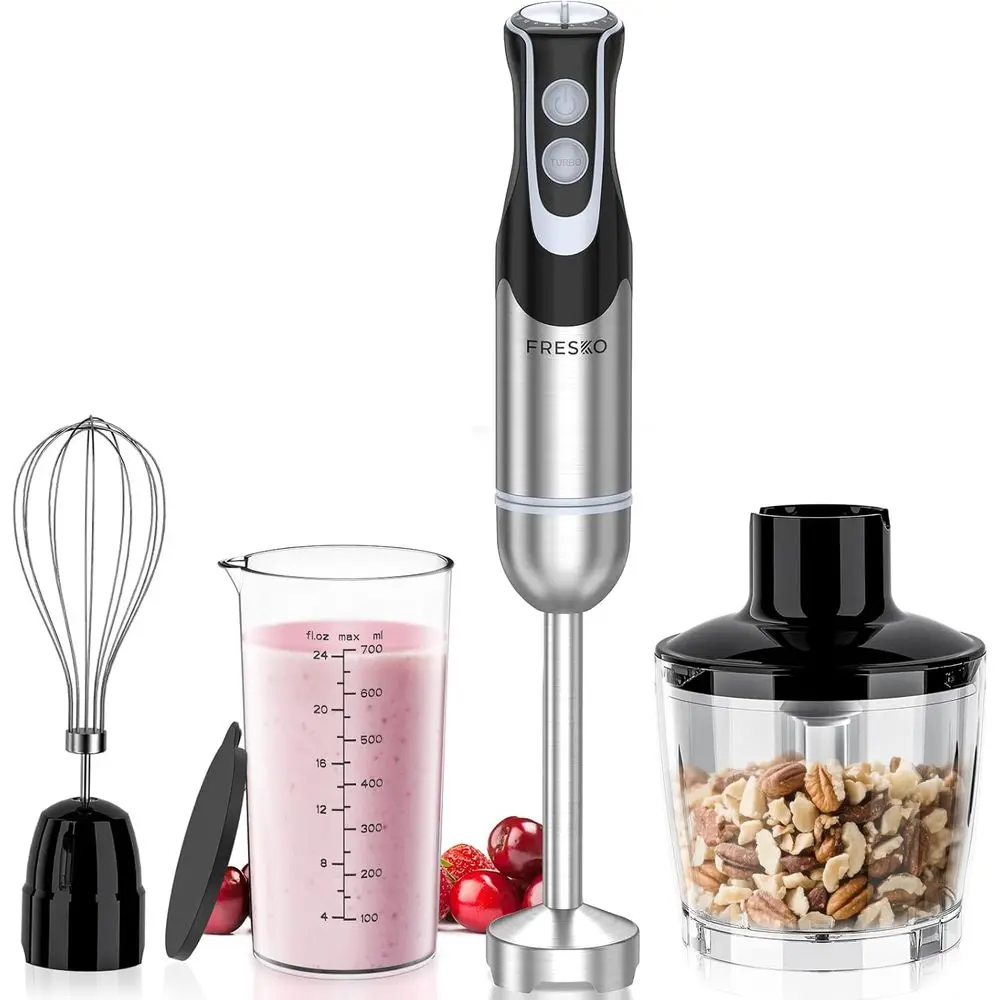 

Handheld 4-in-1 Stainless Steel Electric Stick Mixer with 12-Speeds, Powerful 500W Emulsion Blender with Beaker, Chopper & Whisk