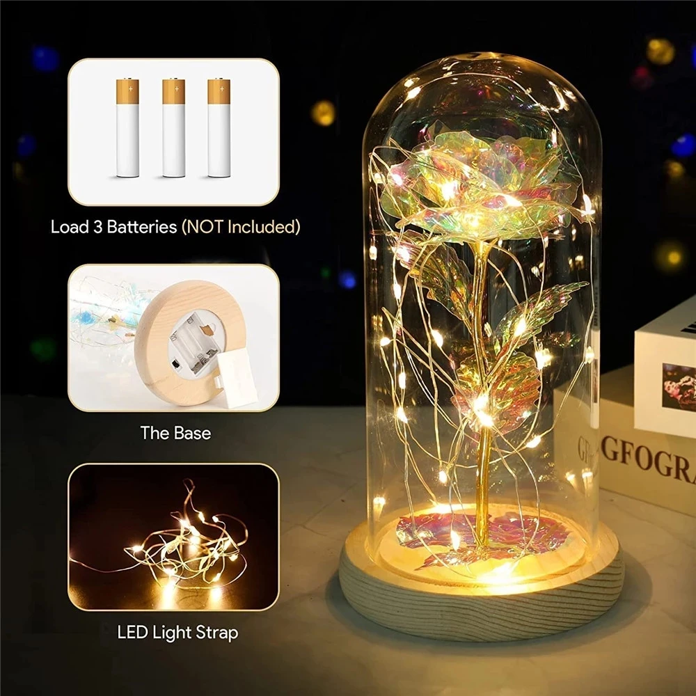 母の日の花のギフト カラフルな造花 ギャラクシーローズ ガラスドームにLEDライト付き 娘からの母のギフト