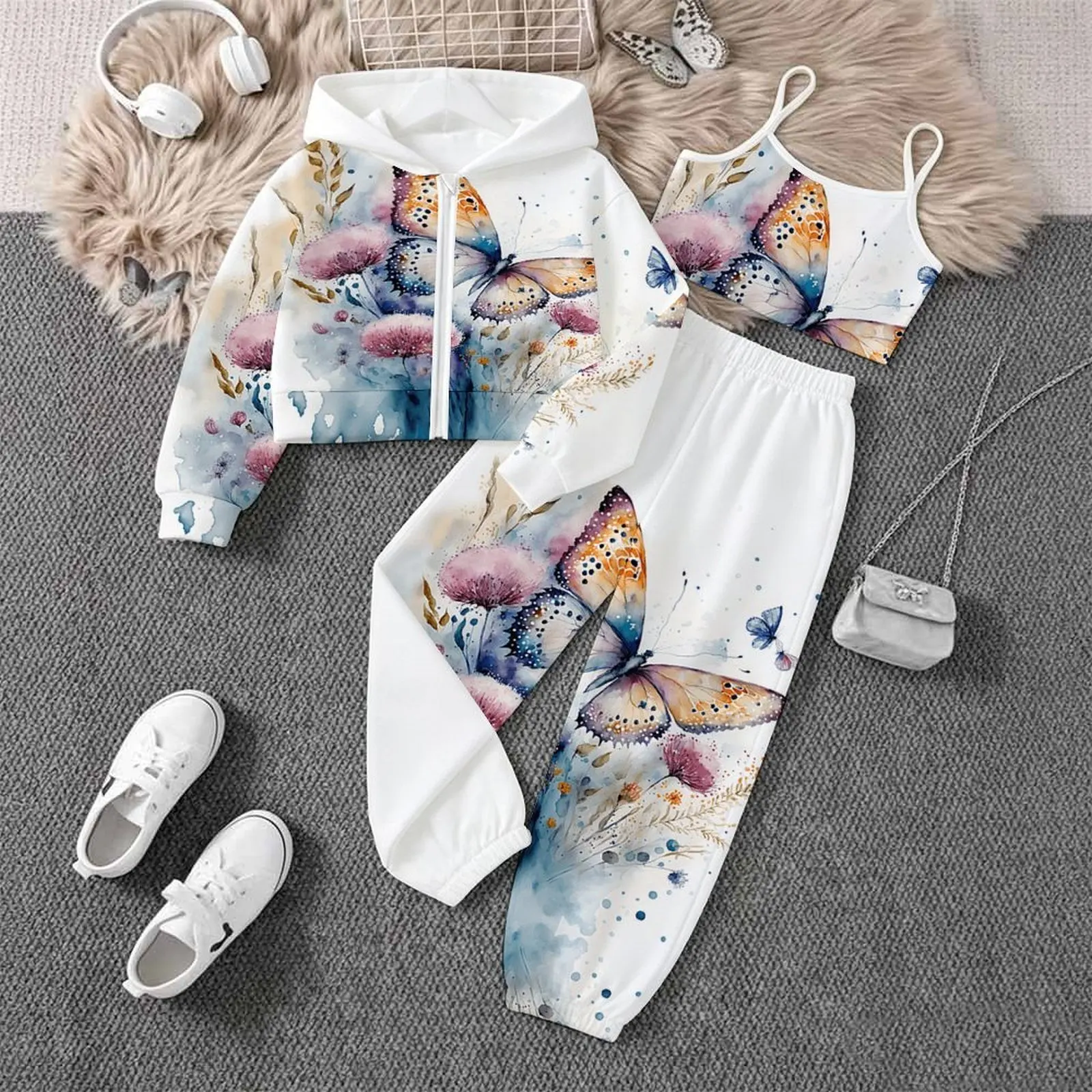 Winter Zipper Hoodie Long Sleeve Coat Jogging Pants Children's Printed Three-Piece Set Autumn Girls Yoga Pants Fashion Vest