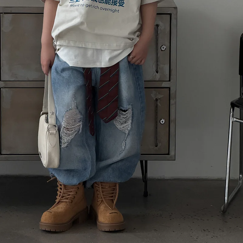 Boys Pants 2026 Spring and Summer New Childrens Clothing Korean Style Boys and Girls Fashionable Soft Ripped Jeans Pants