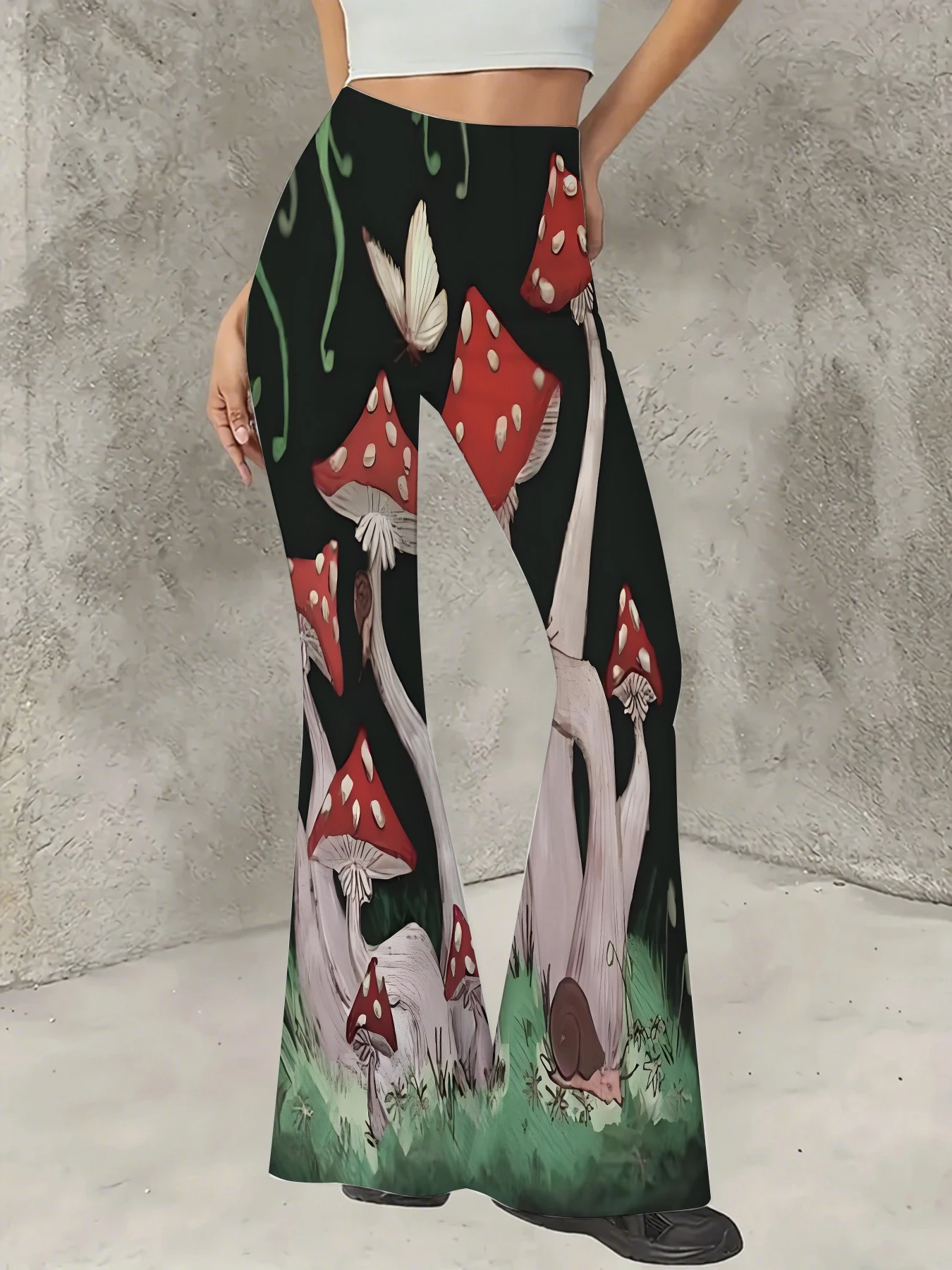 

Women's Flared Pants Red Mushroom Print Trousers Stretchy Casual Slim Fit Bell Bottoms for Daily Vacation Streetwear