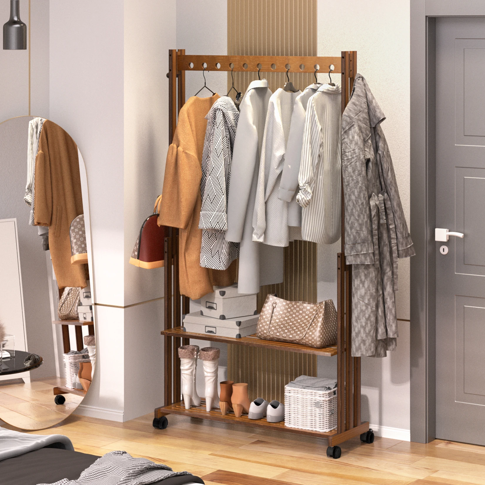 Hall Tree Hat and Coat Stand Entryway Hallway Clothes Rail Rack, 2 Shoe Shelves with Wheels, Open Wardrobe