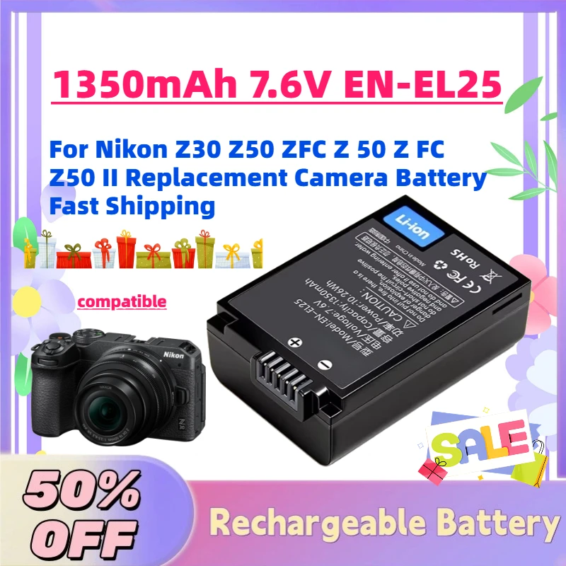 

New 1350mAh 7.6V EN-EL25 Rechargeable Battery for Nikon Z30 Z50 ZFC Z 50 Z FC Z50 II Replacement Camera Battery Fast Shipping