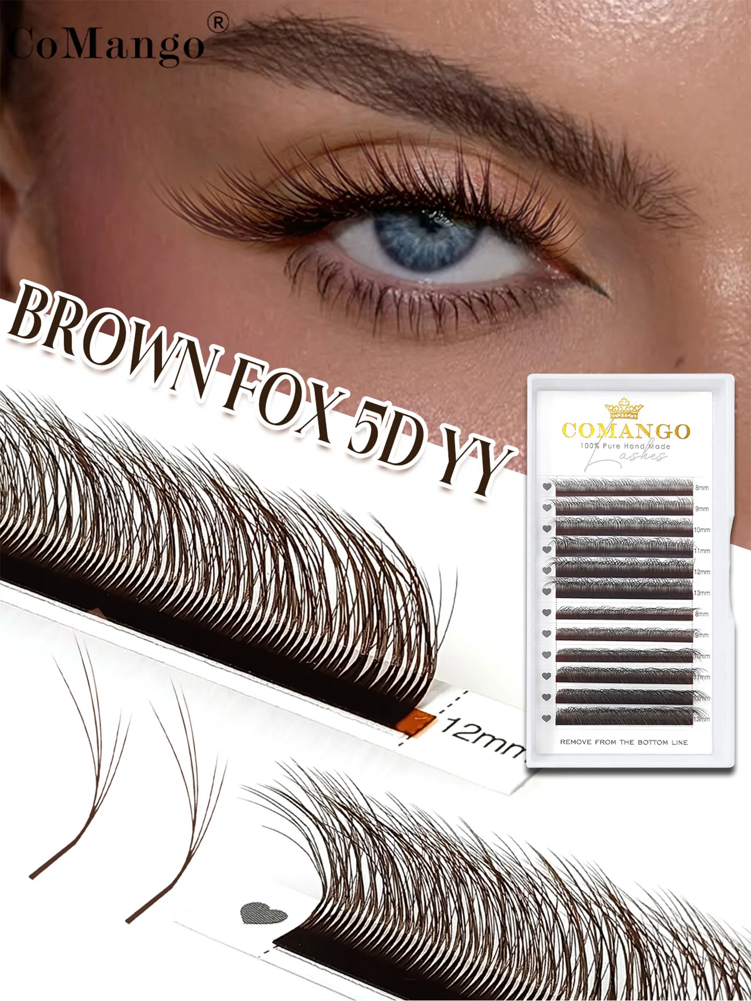 CoMango Brown Fox Eye Wimpernverlängerungen 7-14mm Vorgefertigte 5D Volumen-Fächer Natürliche Weiche Wimpern