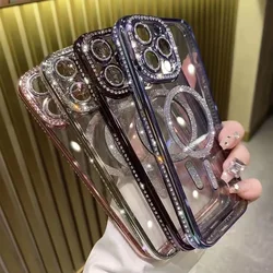 Luxury Pink Diamond Glitter Clear Plating Case For IPhone 15 11 12 13 14 Pro Max Plus Magsafe Magnetic Wireless Charging Cover