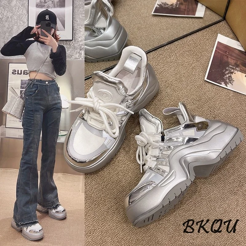 BKQU Design Advanced Sense 2024 Autumn Explosive Trend Silver Daddy Girl Soft Bottom Muffin Thick Sole Fashion Thin Waist Shoes