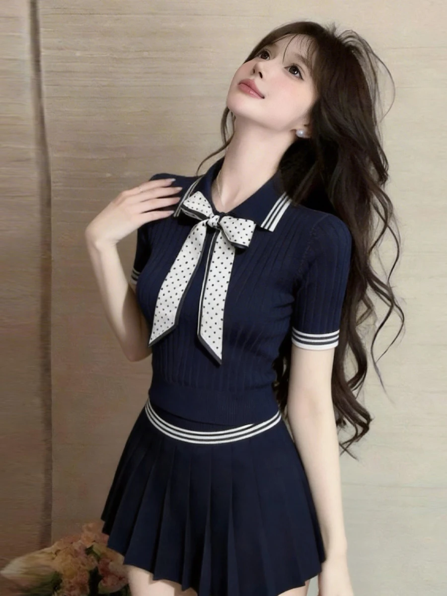 Color Block  Neck  Knot Knitted Top Skirt Uniform Set Youthful College Style Slimming Half-length Skirt image 4