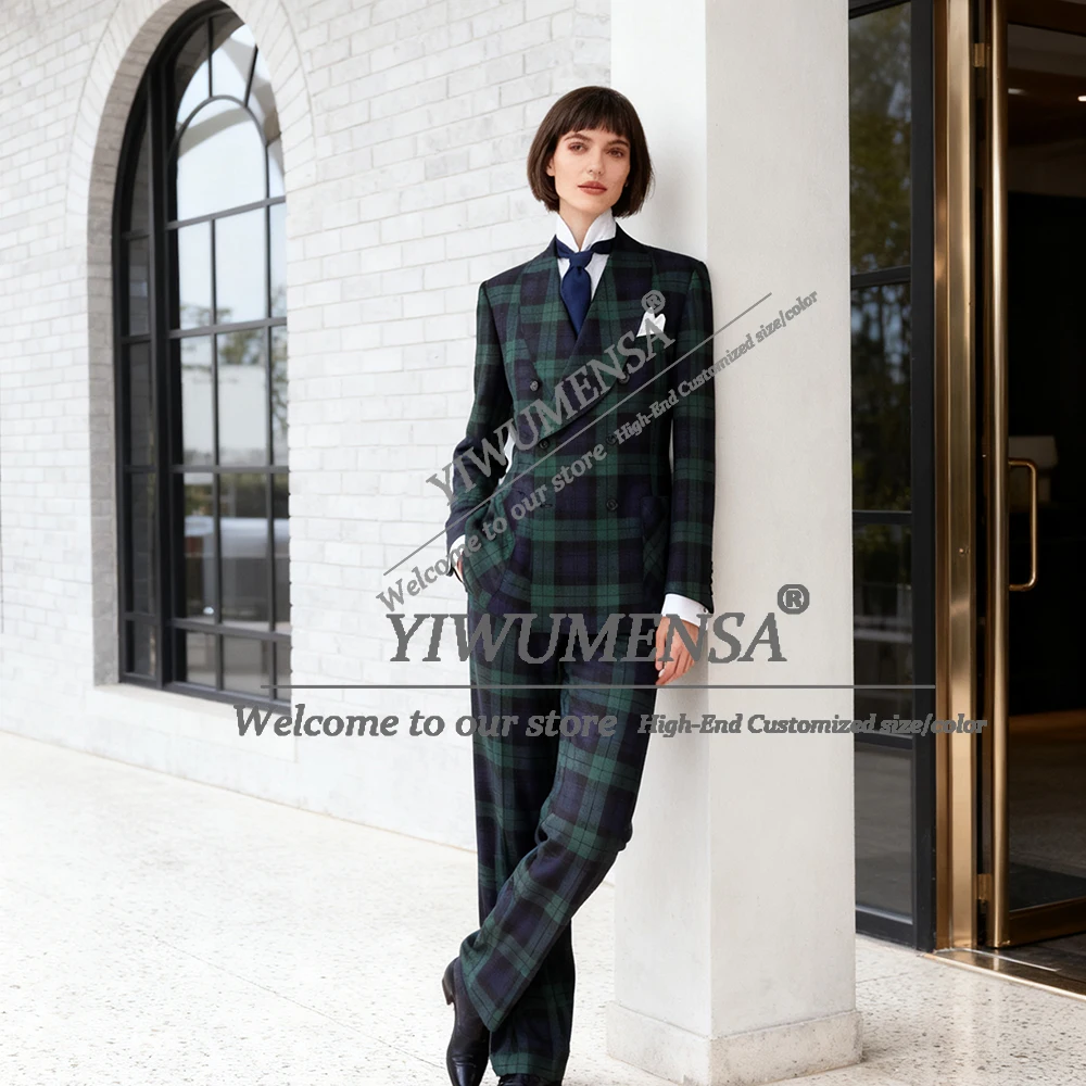 Classic Plaid Checks Suit Women 2 Pieces Sets British Style Double Breasted Jacket Pants Lady Business Office Attire Tuxedos