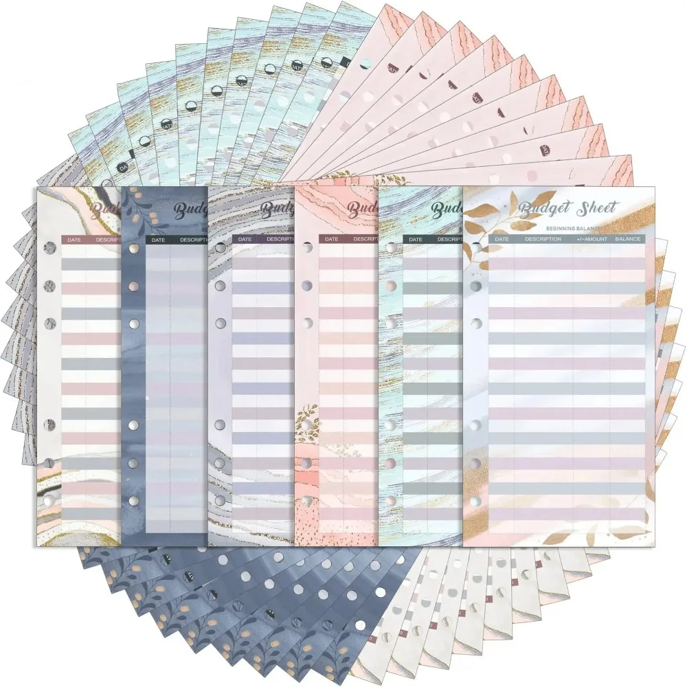12Sheets A6 Loose Leaf Refill Budget Paper 6 Holes Flower Expense Tracker Refill Binder Paper for Cash Envelopes