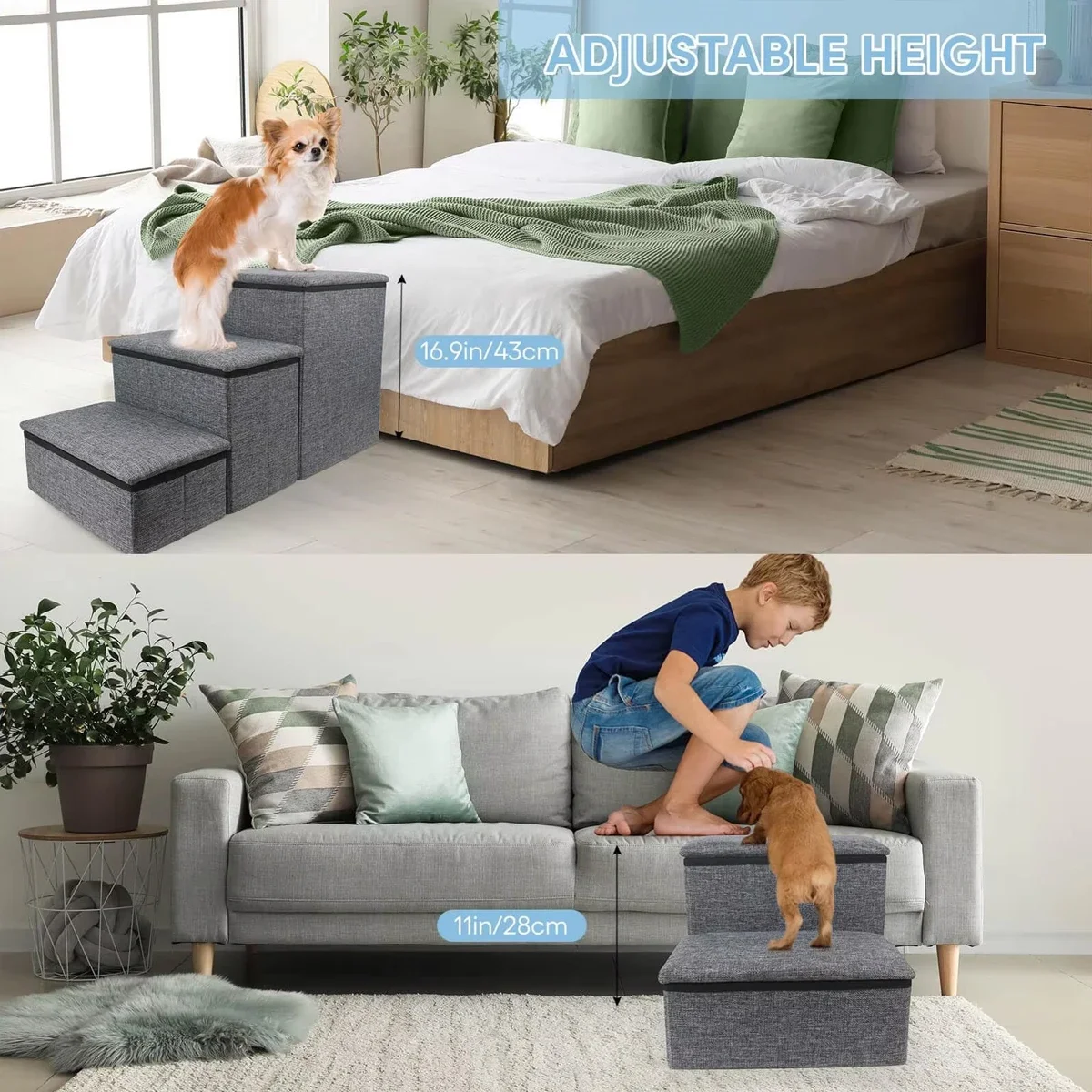 Foldable Thickened Puppy Stairs W/ Storage Box Strong Durable Dog Bed 3 Steps Stairs Ramp W/ A Hole Cat Bed for Dog Accessories