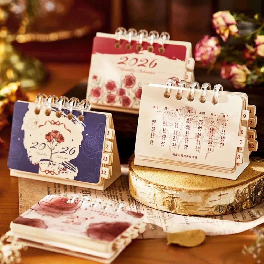 

New Mini 2026 Rose Desk Calendar Cartoon Portable Coil Calendar Schedule Mark Calendar Ornaments Office Desk Accessories
