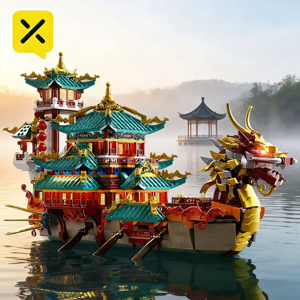 

TOYLINX 2453pcs Chinese Dragon Boat Building Blocks DIY Assembly Traditional Ship Model Home Decor Puzzle Toys with LED Lighting
