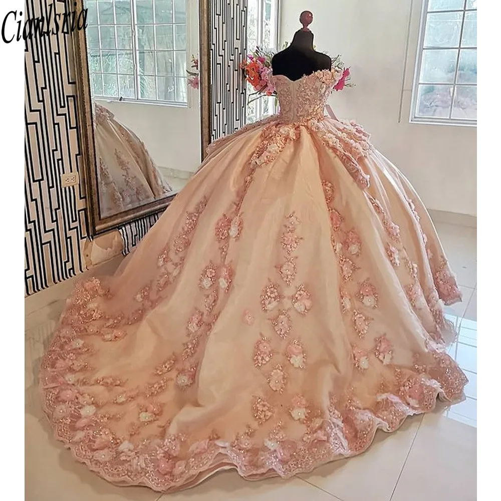 Pink Ruffles Handmade Flowers Ball Gown Quinceanera Dress Off The Shoulder Short Sleeve Appliques Lace Vestidos De 15 16 Años