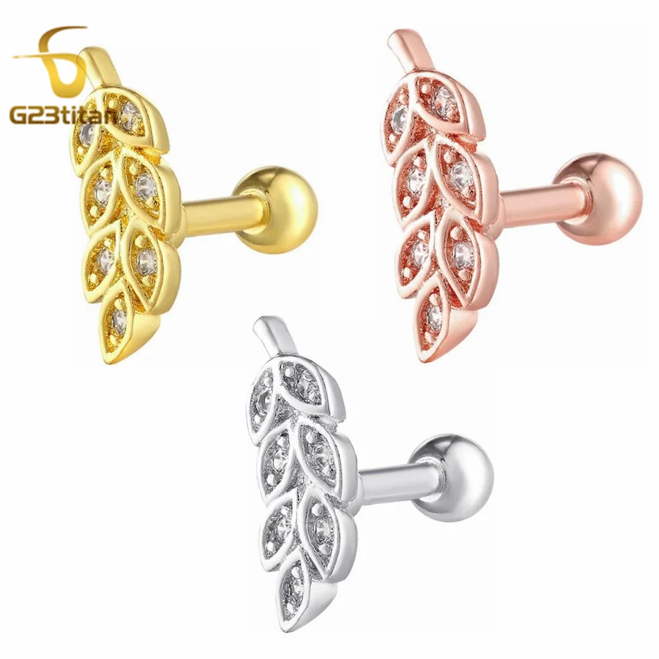 1pc Luxury Gold Silver Color Studs Ear 16G Surgical Cartilage Piercing Jewelry Zircon Wheat Ear Earrings Women Wedding Bijoux