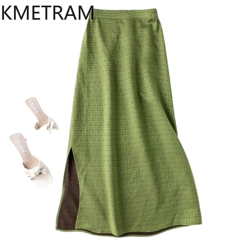 

KMETRAM 100% Real Mulberry Silk Women's Skirts Xiangyun Sha Jacquard Long Skirt Olive Green Summer Skirts Woman Clothing 2026 치마