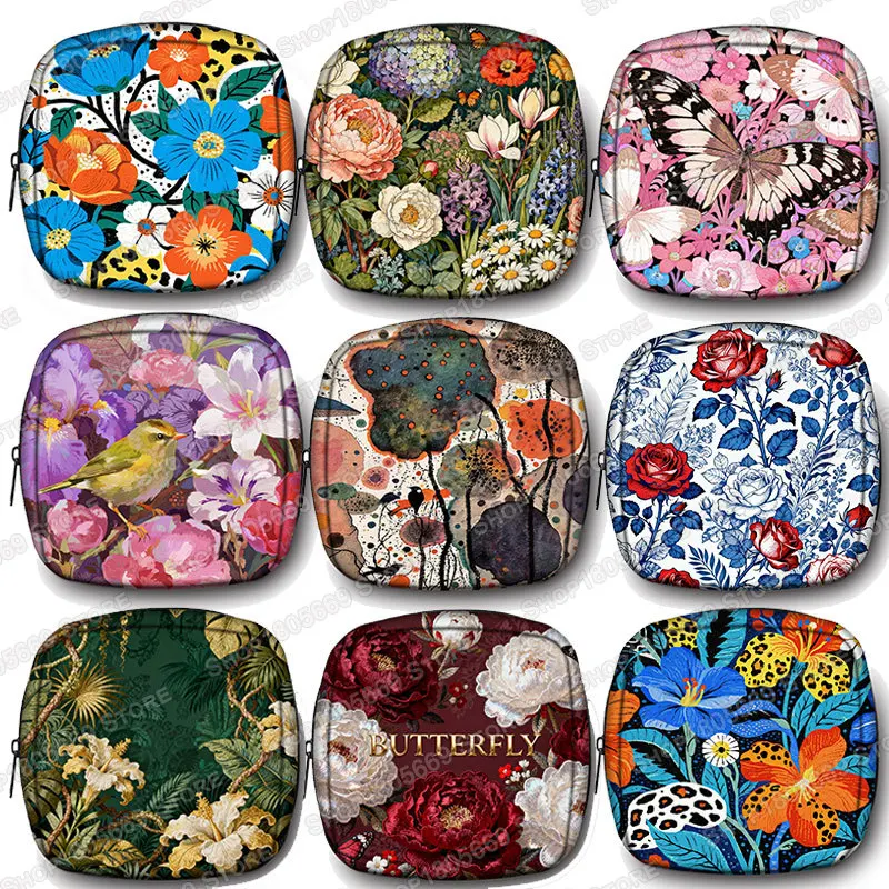 Tropical Flowers Bird Butterfly Cosmetic Case Napkin Pouch Storage Bags Coin Purse Sanitary Pads Bag Mini Data Cables Organizer
