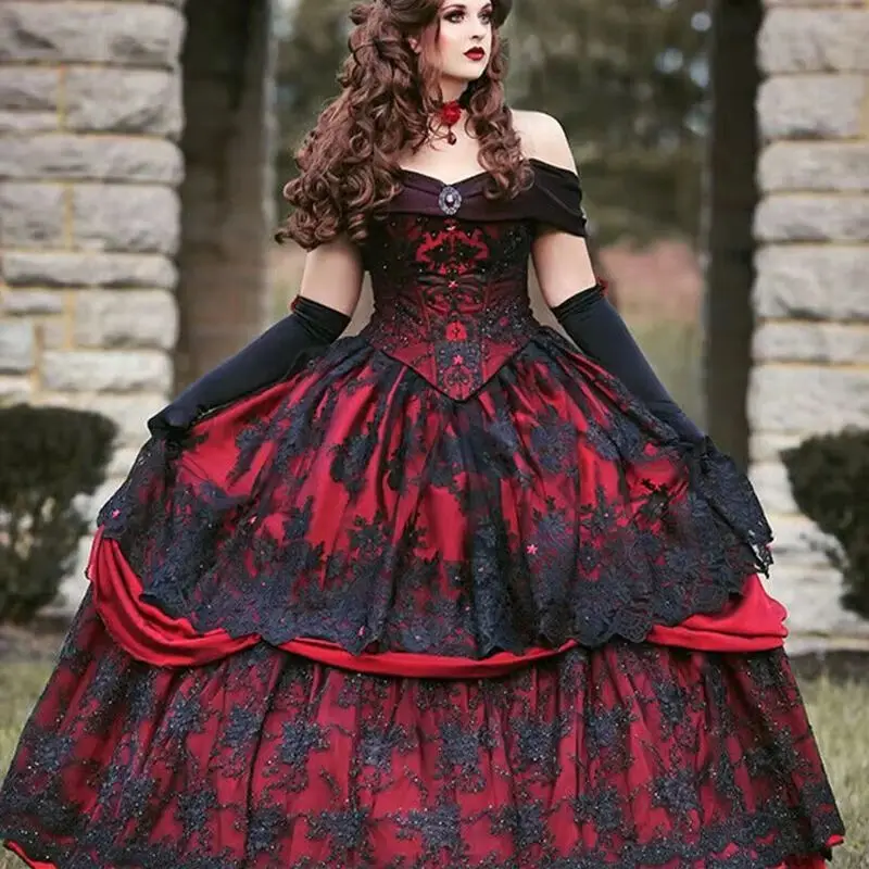 Black And Dark Red Gothic Wedding Dress Off The Shoulder Long Lace Victorian Bridal Gowns Vintage Customized Women Dress