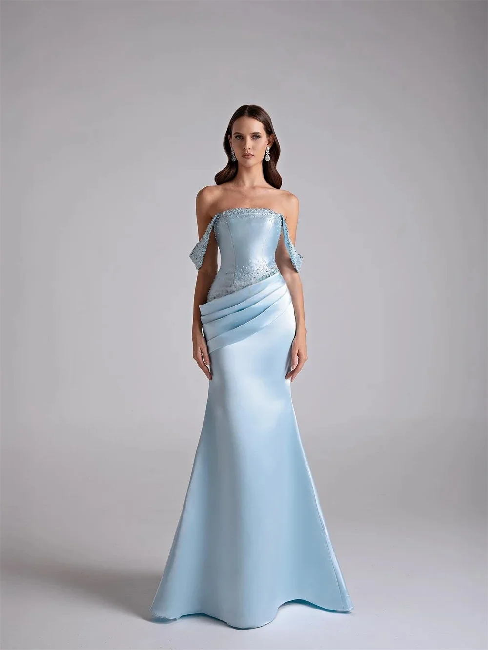 

Sky Blue Beaded Long Bespoke Occasion Gown Evening Dresses Pastrol Unisex Jersey Retro Dubai Saudi Arabic Prom Customized