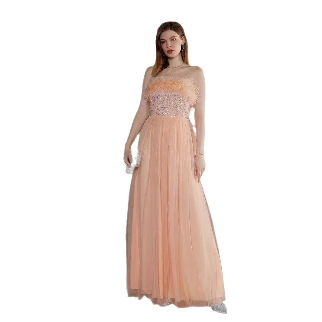 Nova cor sólida elegante sem alças luz de luxo verão lantejoulas festa vestido noite primavera 2025 vestido verão robe feminino