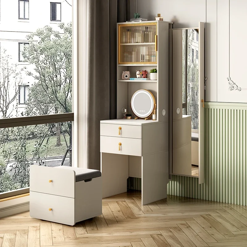 Tocador con espejo de luz, tocador de maquillaje nórdico, mueble de lujo, barato, Simple, color blanco, para salón de belleza