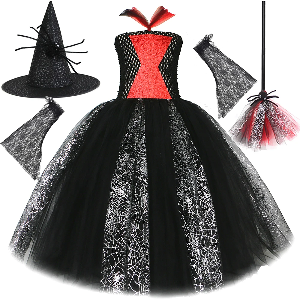 Black Spider Witch Costumes for Girls Halloween Long Tutu Dress with Hat Broom Kids Carnival Party Fancy Outfit New Year Clothes