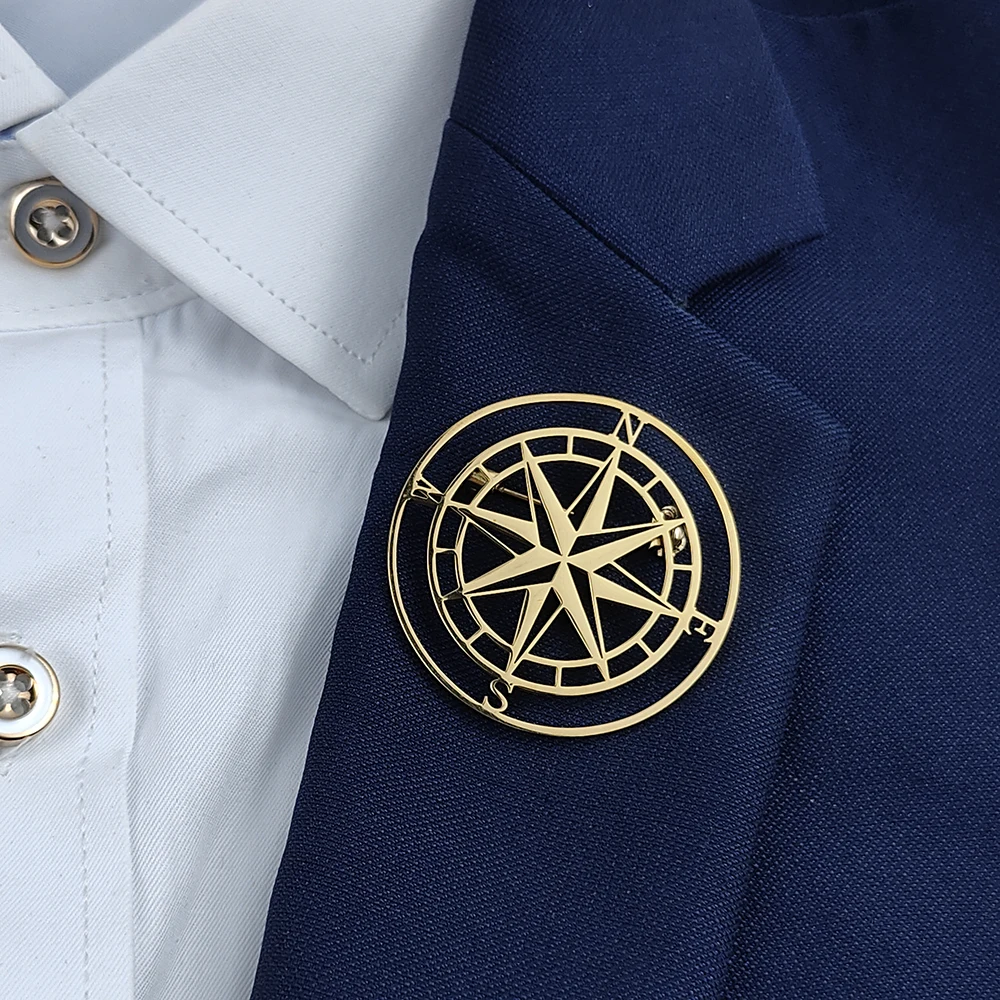 

Round compass gold-plated brooch, men's collar lapel pin black, suit accessories, gift for husband