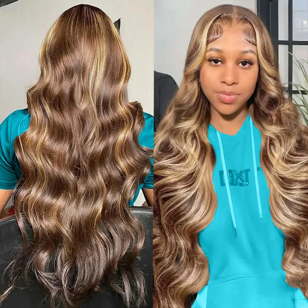 密度200 36インチ 4/27 ハイライト ボディウェーブ 13x6 レースフロントウィッグ ブラウンカラー 13x4 HDレースフロントウィッグ グラデーションブロンド 100%人毛