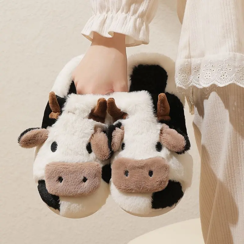 2024 Winter Women Milk Cow Warm Slippers Men Indoor Lovely Plush Sandals Couples Fashion Soft Home Slides Adults Anti-slip Shoes