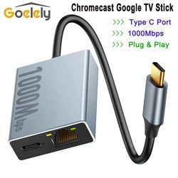 Zewnętrzna karta sieciowa Goelely RJ45 1000 Mb/s Adapter Ethernet dla 4K Chromecast Google TV Stick Wyświetlacz LED Type-C Plug&Play