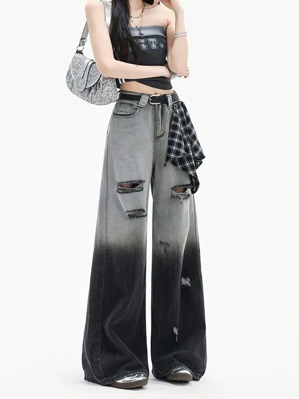 American High Street adient Color Blo Jeans a gamba larga Donna Pantaloni larghi a vita alta con taglio dritto Casual Colore puro