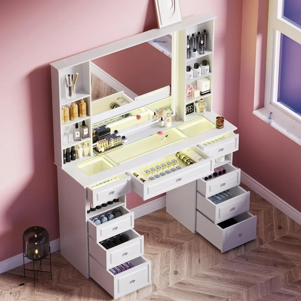 Vanity Desk with Mirror and Lights, Glass Top Dressing Table with 9 Drawers, Makeup Vanity with Storage Bench