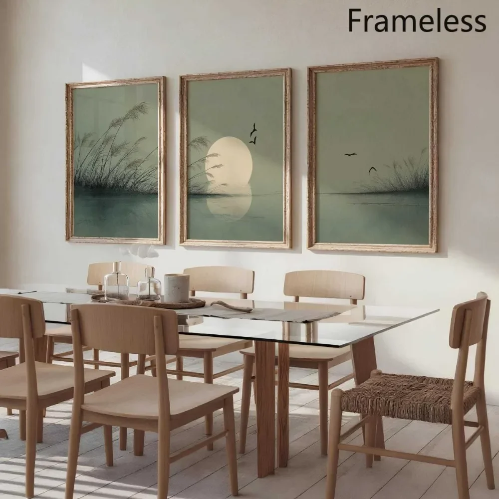Multiple sizes 3pcs frameless Canvas Painting,3pcs Frameless,Sage Green Wall Art,Misty Horizon Printing,Simple Japanese Nature P