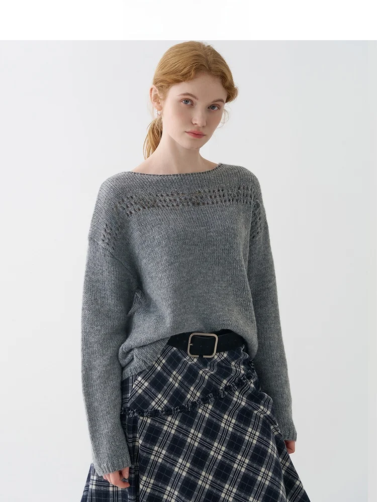 

Casual Woolen Knitted Sweater Women's Autumn Winter Floral Hollow out Design Soft Warm Long Sleeve round Neck Top for Girls
