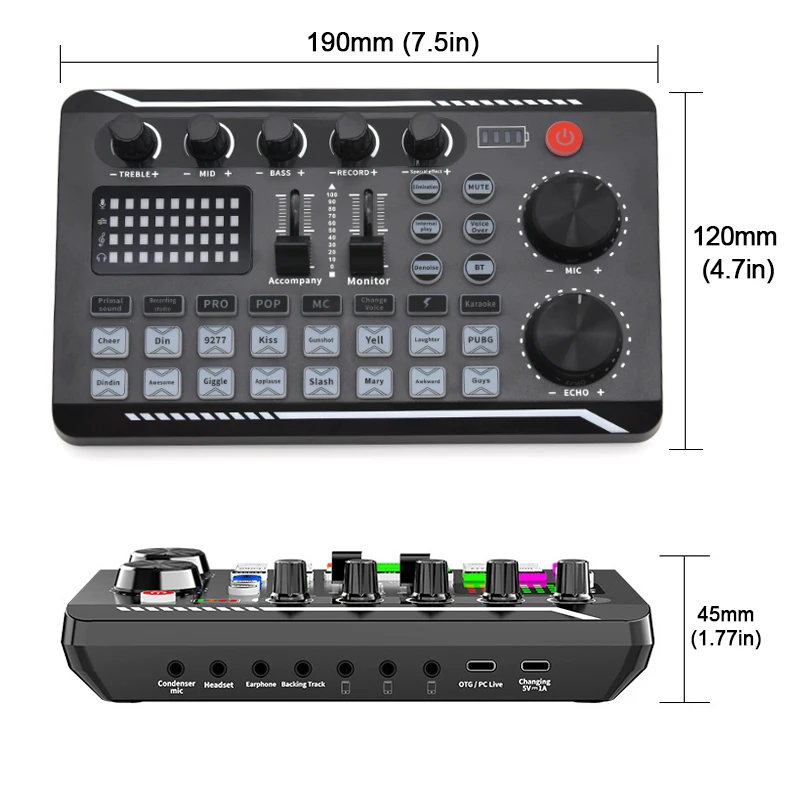 

F998 Audio Mixer Live Sound Card Mobile Phone Voice Changer Karaoke for Broadcast Recording KTV Game Music PC Game