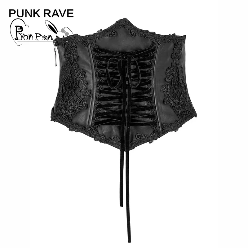 PUNK RAVE Lolita Harness Brocade Draw String Women Leather Corset Embroidery Bandage Stage Performance Black Sexy Belt