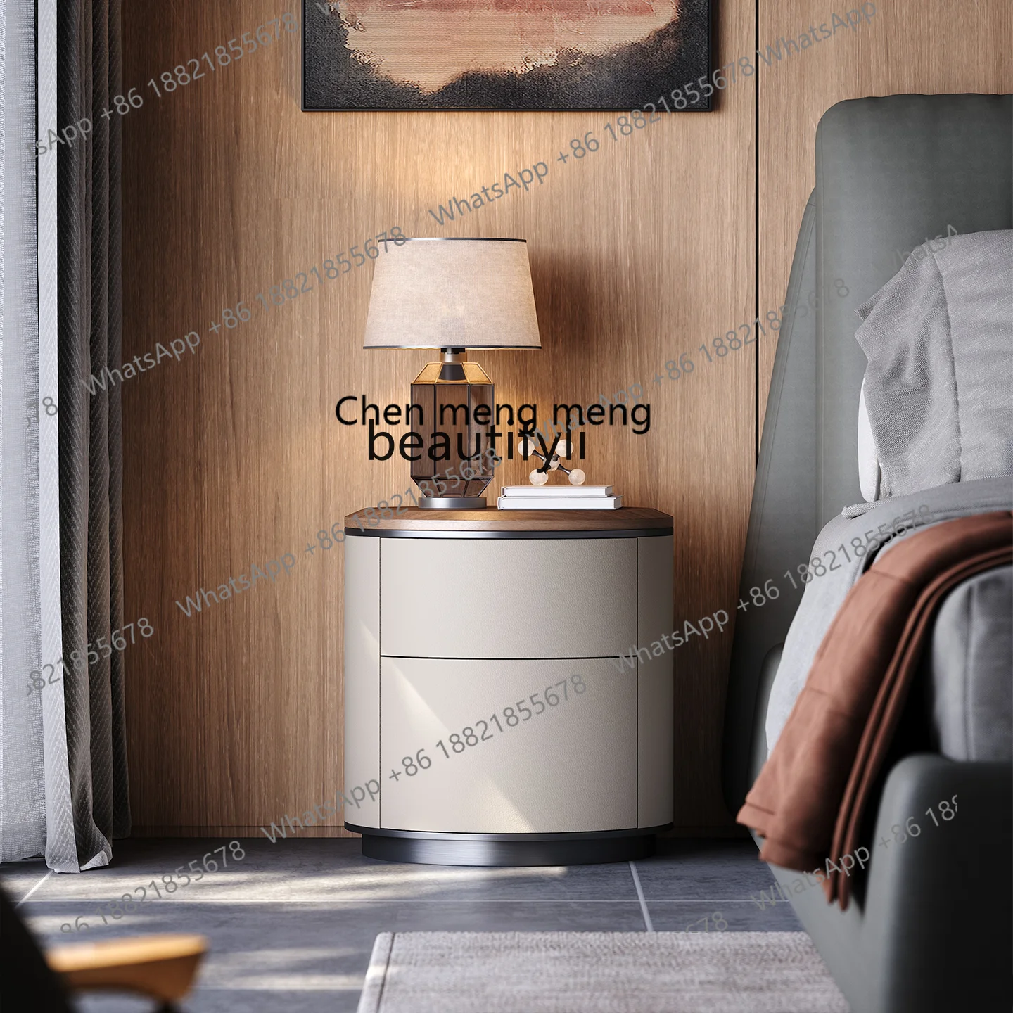 X  Walnut pattern bedside table luxury bedroom round light luxury high-end bedside table